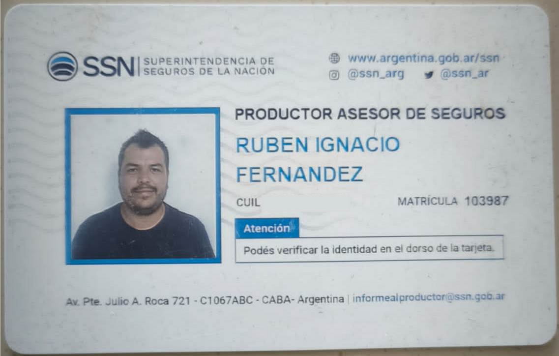 Carnet oficial de Rubén Ignacio Fernández - Productor Asesor de Seguros Mat. 103.987